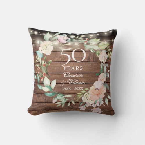 50th Anniversary Photo Rustic Floral String Lights Throw Pillow