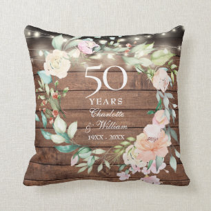 50th Anniversary Photo Rustic Floral String Lights Throw Pillow