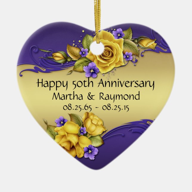 50th Anniversary Photo Yellow Roses Purple Pansies Ceramic Ornament (Front)