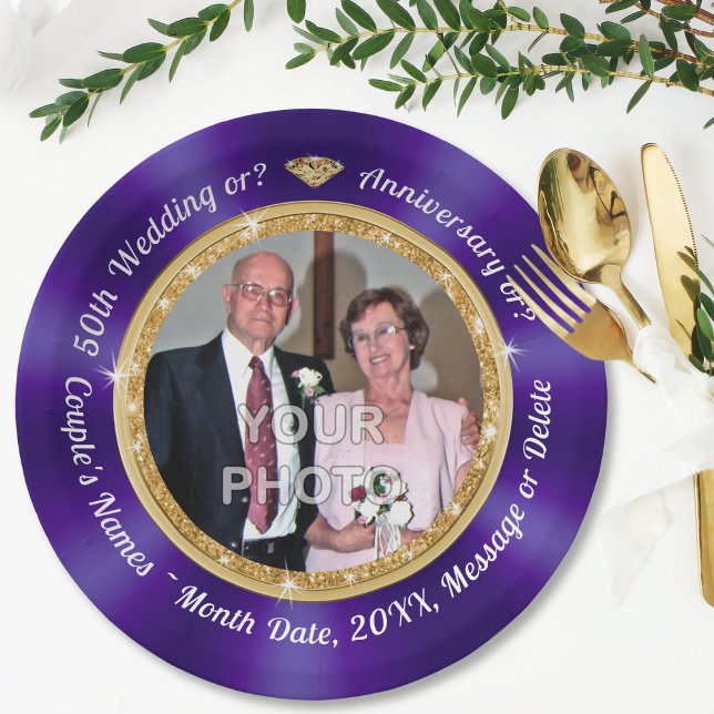 50th Anniversary Plates Personalized, with PHOTO,  (50th Anniversary Paper Plates, with Couple's Picture. 50th anniversary party plates. Purple Plates.)