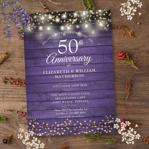50th Anniversary Purple Rustic Wood Gold Hearts Invitation