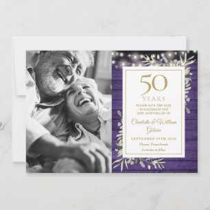 50th Anniversary Purple Wood Lights Photo Save The Date