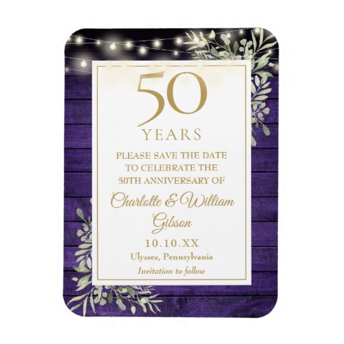 50th Anniversary Purple Wood Save The Date Magnet