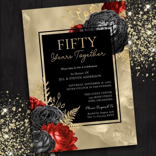 50th Anniversary Red Black Gold Floral Invitation