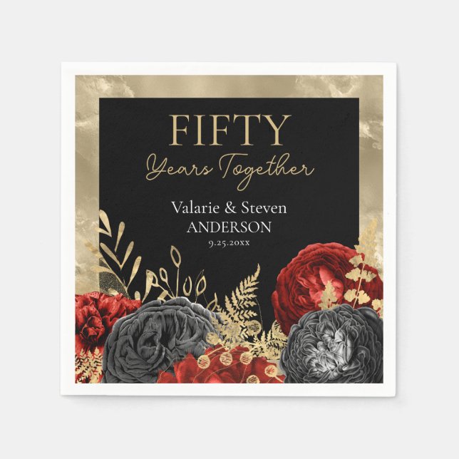 50th Anniversary Red Black Gold Floral Napkins (Front)