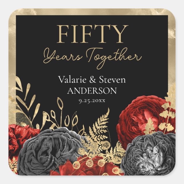 50th Anniversary Red Black Gold Floral  Square Sticker (Front)