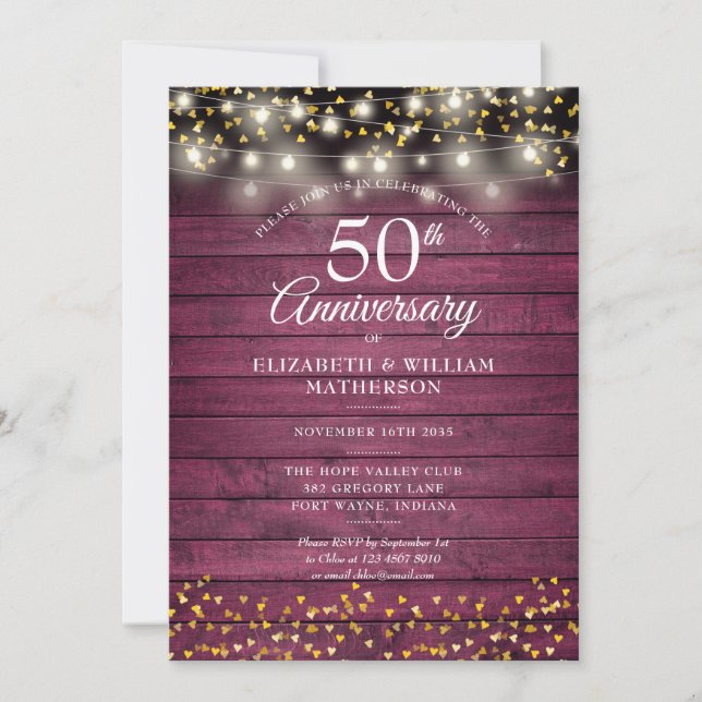 50th Anniversary Red Rustic Wood Gold Hearts Invitation (Front)