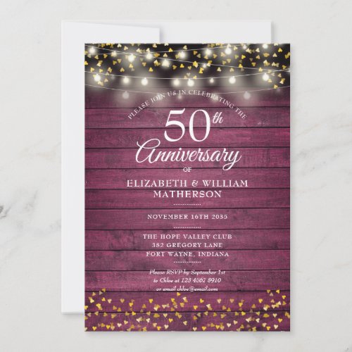 50th Anniversary Red Rustic Wood Gold Hearts Invitation