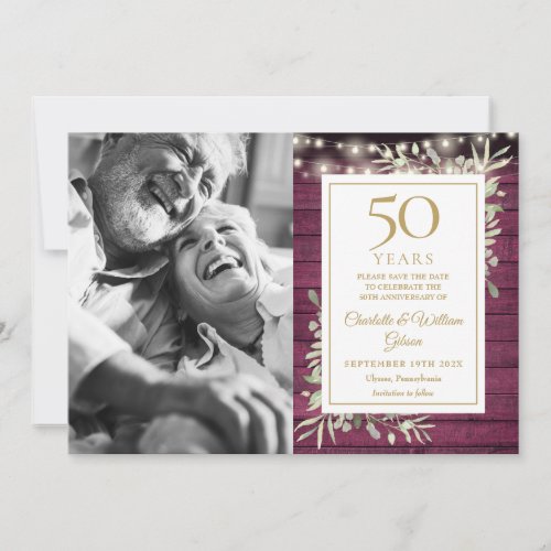 50th Anniversary Red Wood Greenery Lights Photo Save The Date