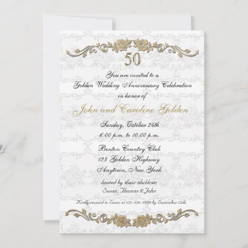 50th Anniversary Rose Border White Invitation