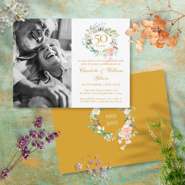 50th Anniversary Rose Garland Save the Date Photo Announcement Postcard (Creator Uploaded)
