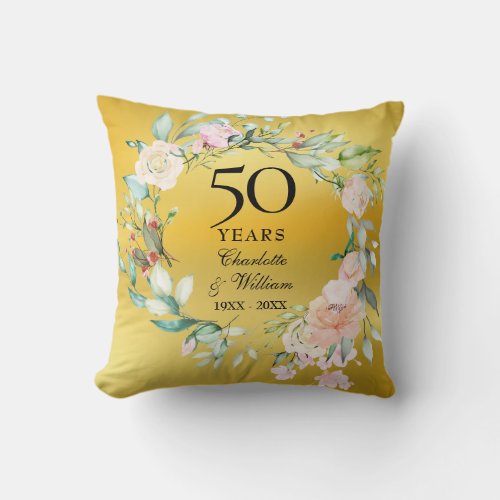50th Anniversary Roses Floral Gold Foil Photo Throw Pillow
