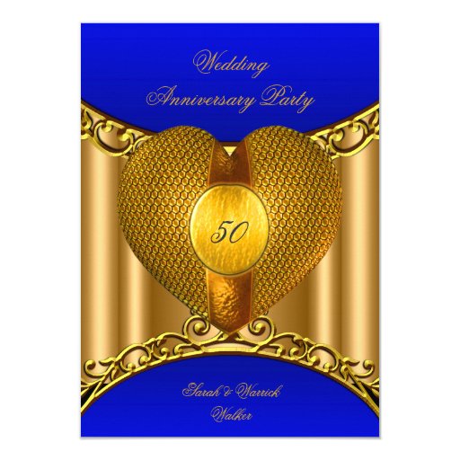 50th Anniversary Royal Blue Gold Golden Heart Card | Zazzle