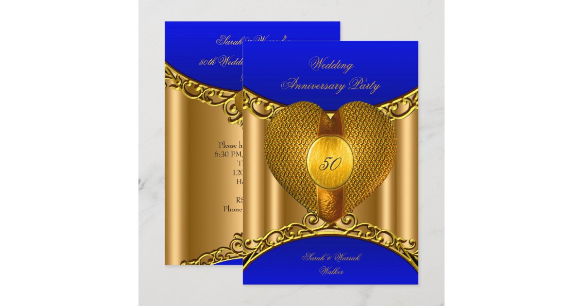 50th Anniversary Royal Blue Gold Golden Heart Invitation | Zazzle