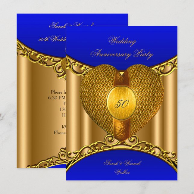 50th Anniversary Royal Blue Gold Golden Heart Invitation (Front/Back)