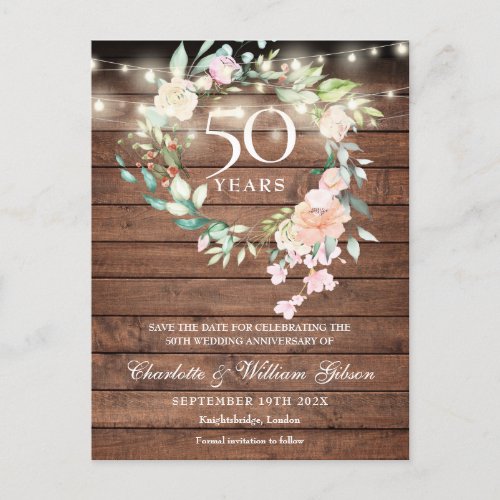 50th Anniversary Rustic Floral Save the Date Postcard