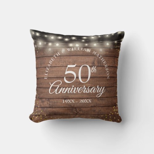 50th Anniversary Rustic Gold Dust String Lights Throw Pillow