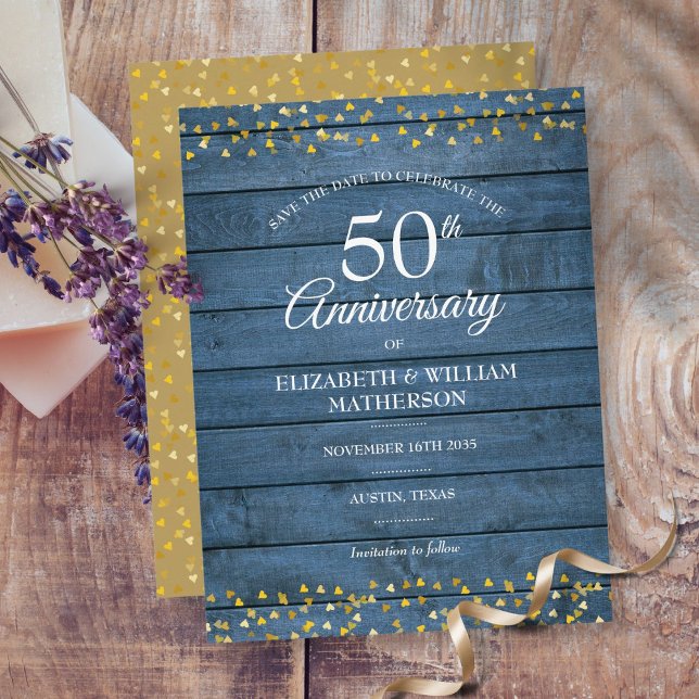 50th Anniversary Rustic Gold Hearts Save the Date Announcement Postcard (Creator Uploaded)