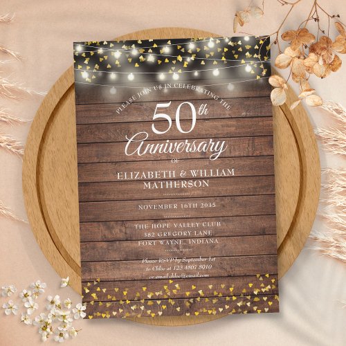 50th Anniversary Rustic Gold Hearts String Lights Invitation