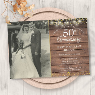 50th Anniversary Rustic Gold Hearts Wedding Photo Invitation