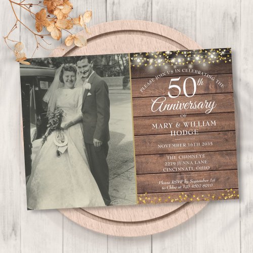 50th Anniversary Rustic Gold Hearts Wedding Photo  Invitation