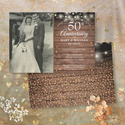 50th Anniversary Rustic Gold Hearts Wedding Photo Invitation