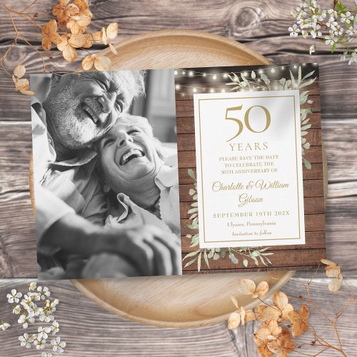50th Anniversary Rustic Greenery Lights Photo Save The Date