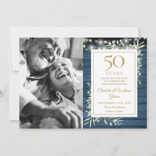 50th Anniversary Rustic Lights Greenery Photo Save The Date