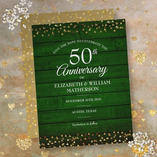 50th Anniversary Rustic Save the Date Gold Hearts  Postcard