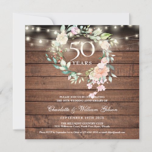 50th Anniversary Rustic String Lights Floral Invitation