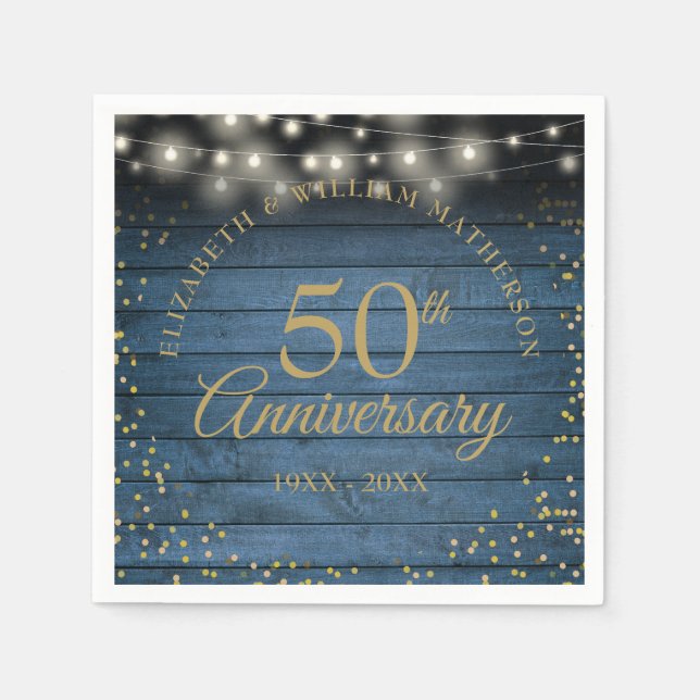 50th Anniversary Rustic String Lights Gold Dust Napkins (Front)