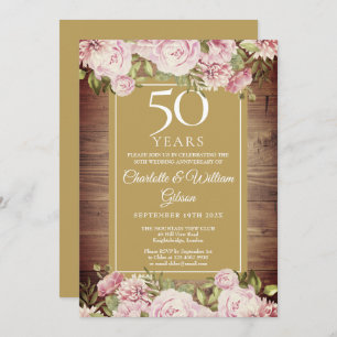 50th Anniversary Rustic Watercolour Pink Roses Invitation