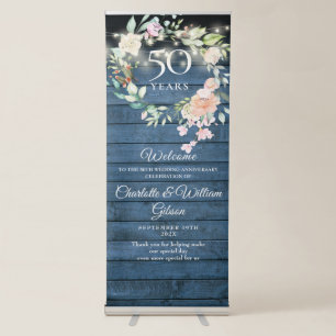 50th Anniversary Rustic Wood Floral Lights Welcome Retractable Banner