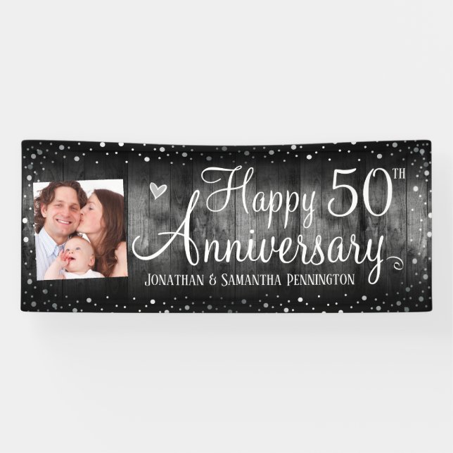 50th Anniversary Rustic Wood Photo Silver Confetti Banner (Horizontal)