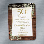 50th Anniversary Rustic Wood Save The Date Magnet<br><div class="desc">Featuring delicate watercolor country garden greenery and pretty string lights on a wood panels background,  this chic rustic save the date anniversary invitation can be personalized with your special 50 years anniversary celebration information. Designed by Thisisnotme©</div>