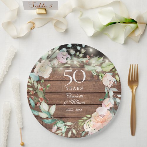 50th Anniversary Rustic Wood String Lights Floral Paper Plates