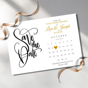 50th Anniversary Save the Date Calendar Gold Heart Invitation