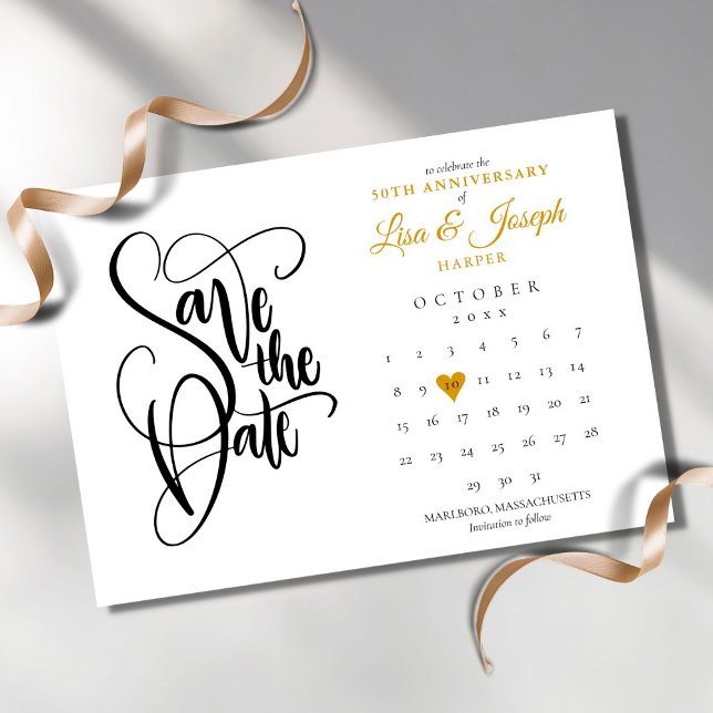 50th Anniversary Save the Date Calendar Gold Heart Invitation (Creator Uploaded)