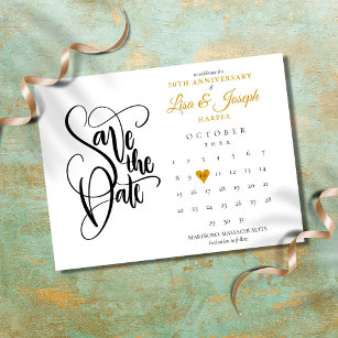 50th Anniversary Save the Date Calendar Gold Heart Postcard
