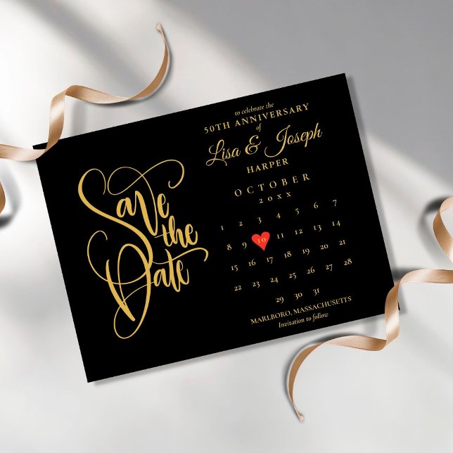 50th Anniversary Save the Date Calendar Gold Heart Postcard (Creator Uploaded)