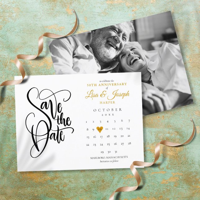 50th Anniversary Save the Date Calendar Gold Photo Announcement Postcard (Creator Uploaded)