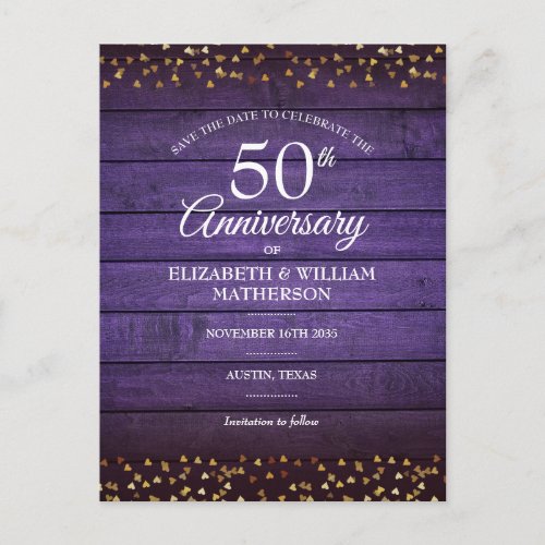 50th Anniversary Save the Date Gold Hearts Rustic  Postcard