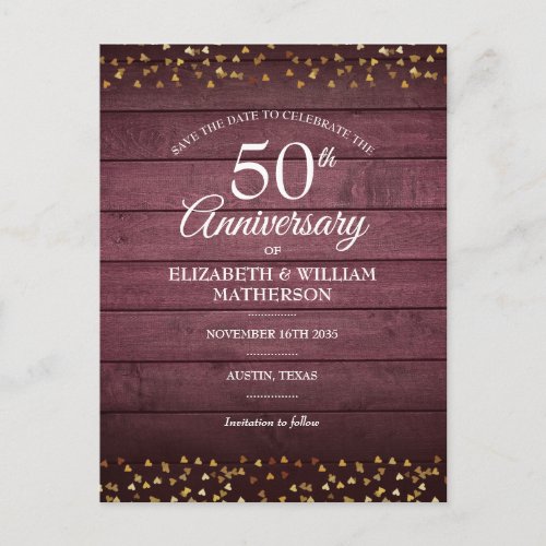 50th Anniversary Save the Date Gold Hearts Rustic  Postcard