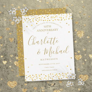 50th Anniversary Save the Date Gold Hearts Script  Announcement Postcard