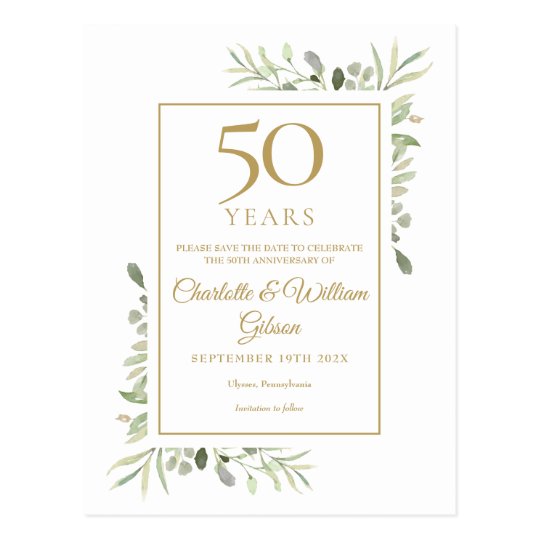 50th Anniversary Save the Date Greenery Postcard | Zazzle.com