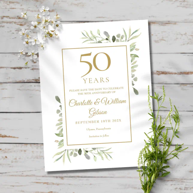 50th Anniversary Save the Date Greenery Postcard | Zazzle