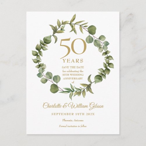 50th Anniversary Save the Date Woodland Greenery  Announcement Postcard