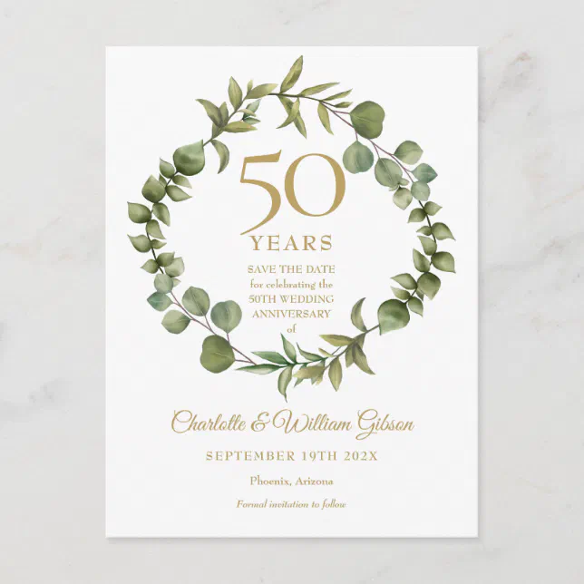 50th Anniversary Save the Date Woodland Greenery Announcement Postcard ...