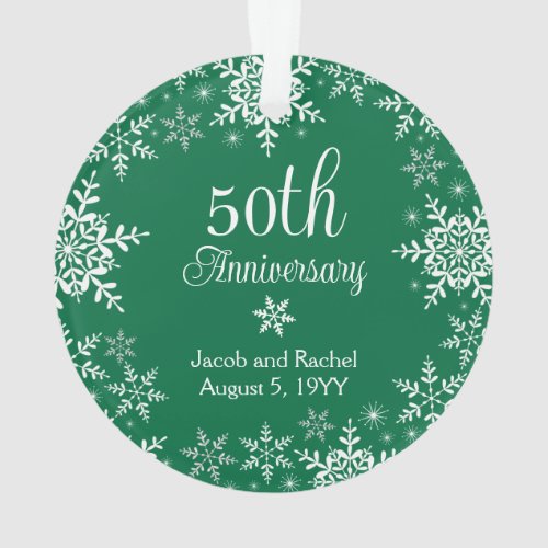 50th Anniversary Snowflakes Green Custom Wedding Ornament