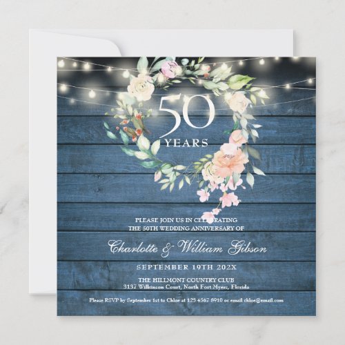 50th Anniversary String Lights Floral Blue Rustic Invitation